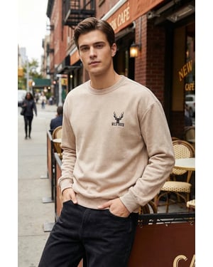 TRENDYOL MAN Herren Beige Animal-Print Lang Oversize Sweatshirts