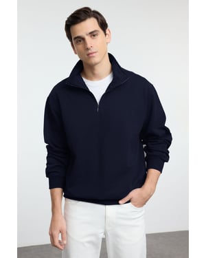 TRENDYOL MAN Herren Dunkelblau Slogan Lang Oversize Sweatshirts