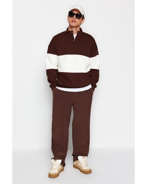 TRENDYOL MAN Herren Braun Colour-Block Lang Oversize Sweatshirts