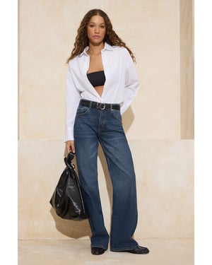 TRENDYOLMİLLA Damen Dunkelblau Einfarbig Weites Bein Hohe Taille Jeans