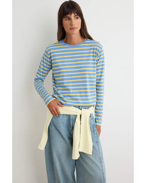 TRENDYOLMİLLA Damen Blau Gestreift Lang Regular Fit T-Shirts