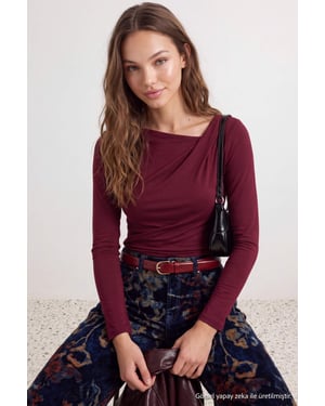 TRENDYOLMİLLA Damen Bordeaux Einfarbig Lang Tailliert Blusen