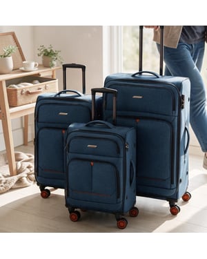 Weichschalenkoffer Leinen Blau, 8 Rollen, leichtes Reisegepäck