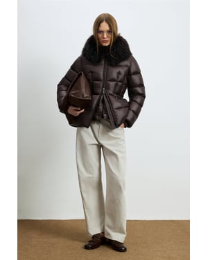 LUFIAN Damen Glänzende Daunen-Pufferjacke mit Abnehmbarem Kunstfellkragen