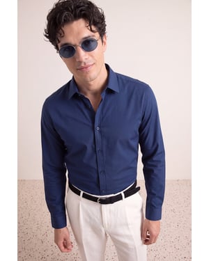 TRENDYOL MAN Herren Dunkelblau Einfarbig Lang Slim Fit Hemden