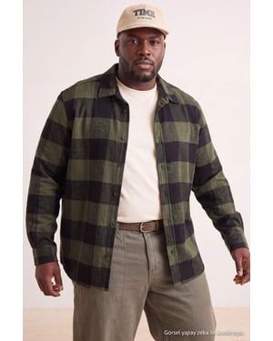 TRENDYOL MAN Herren Khaki Kariert Lang Regular Fit Große Größen Hemden