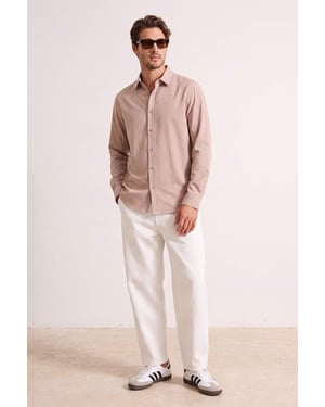 TRENDYOL MAN Herren Beige Gestreift Lang Regular Fit Hemden