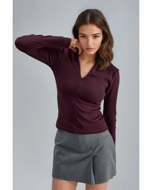 Slim Fit V-Ausschnitt Langarmbluse