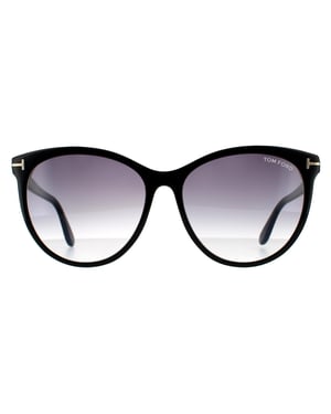 Tom Ford Runde Damen Sonnenbrille Glänzendes Schwarz Rauchgrauer Verlauf