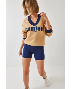 Bianco Lucci V-Ausschnitt Strick-Sweatshirt mit Motto-Print - Camel