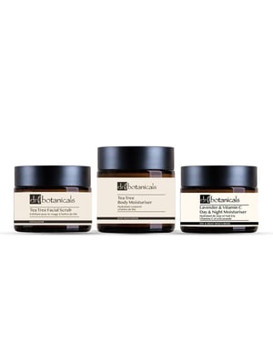 Dr. Botanicals Teebaum-Gesichtspeeling, Anti-Aging-Tages- und Nachtcreme sowie Körpercreme-Set