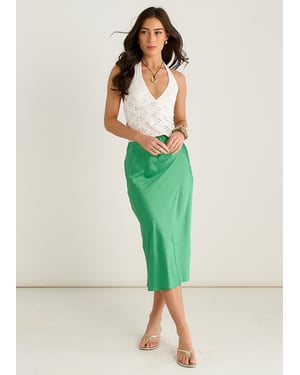 Grüner Satin Midirock mit hoher Taille
