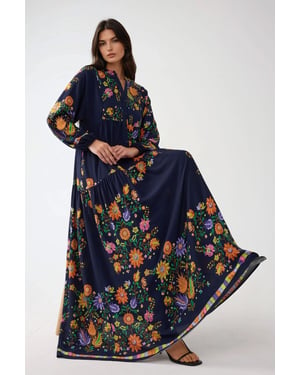 Bedrucktes V-Ausschnitt-Maxikleid mit Knopfdetails