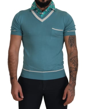 Dolce & Gabbana Blaues Seiden-Polo-Shirt Herren V-Ausschnitt Herren T-Shirt