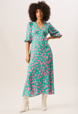 Grünes V-Ausschnitt-Shift-Midikleid mit Tiermuster