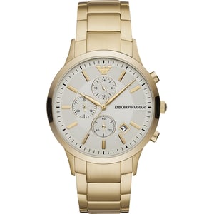 Klassische goldene Uhr der Marke Emporio Armani. Die Uhr ist aus rostfreiem Stahl gefertigt. Das Armband ist ebenfalls aus Edelstahl, hat eine Faltschließe und kann kleiner gemacht werden. Das Gehäuse der Uhr hat einen Durchmesser von 43 mm.  Marke: Emporio ArmaniModellname: AR11332 (43mm)Kategorie: HerrenarmbanduhrMaterialien: EdelstahlFarbe: gold, weiß