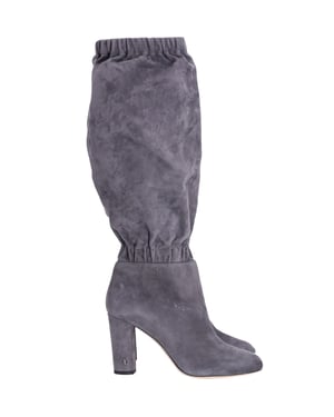 Jimmy Choo Maxyn 85 Knielange Stiefel aus grauem Wildleder