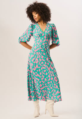 Grünes V-Ausschnitt-Shift-Midikleid mit Tiermuster