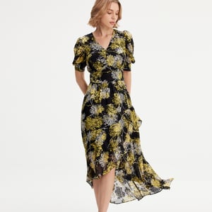 Linear Flower Print Kleid mit tiefem Saum
