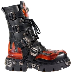 New Rock Flame-Akzent-Bikerstiefel aus schwarzem/rotem Leder mit Totenkopf-Motiv – 107-S1