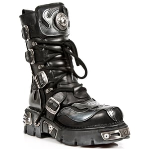 New Rock Flame Biker-Stiefel aus schwarzem/silbernem Leder mit Akzent – ​​107-S2