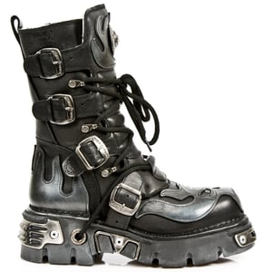 New Rock Flame Biker-Stiefel aus schwarzem/silbernem Leder mit Akzent – ​​107-S2