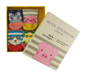 Miss Sparrow - 4 Pack Mädchen Bambus Socken | Kinder Neuheit Tiermuster Socken in einem Geschenkkarton - sortiert