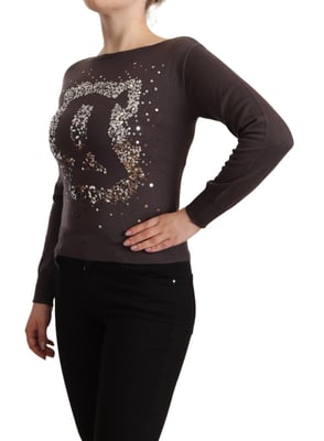 John Galliano Damen Pullover aus brauner Wolle mit Pailletten und langen Ärmeln