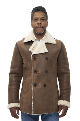 Zweireihiger Herren-Erbsenmantel aus Shearling-Schaffell-Valencia