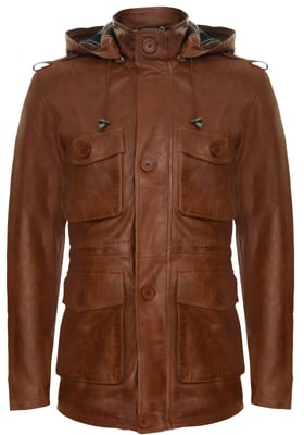 Trenchcoat mit Kapuze und mehreren Taschen aus Leder