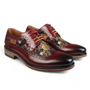 Justin Reess Herren-Brogue-Schuhe aus weinrotem Leder mit Blumenmuster - Ross