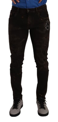 Dolce & Gabbana Herren Braune DG Krone Logo Baumwoll Skinny Jeans