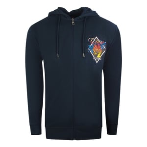 Cavalli Class Diamond Logo Marineblauer Kapuzenpullover mit Rei�verschluss