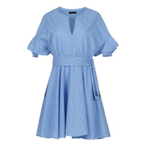 Himmelblaues besticktes Kleid mit gerafften Ärmeln
