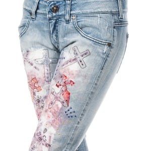 Lange Denim-Hose mit Rippeneffekt und schmalen Säumen F054176 woman