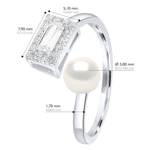 Ring verstellbarer Zirkonia – echte Süßwasser-Zuchtperle, Knopf 5–6 mm