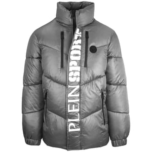 Plein Sport Bold Vertical Logo Glanzend gepolsterte graue Jacke