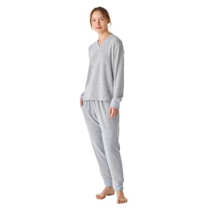 Damen-Pyjama aus weichem Strick mit V-Ausschnitt und langen Ärmeln JJB5