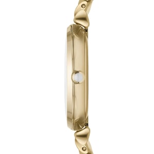 Stilvolle Uhr der Marke Emporio Armani in der Farbe Gold. Die Uhr ist aus rostfreiem Stahl gefertigt. Das Armband ist ebenfalls aus Edelstahl, hat eine Faltschließe und kann kleiner gemacht werden. Das Gehäuse der Uhr hat einen Durchmesser von 32 mm.  Marke: Emporio ArmaniModellname: AR1907 (32mm)Kategorie: DamenarmbanduhrMaterialien: EdelstahlFarbe: gold, weiß