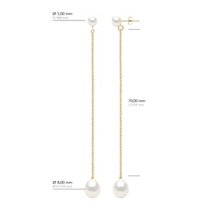 Doppelte Ohrringe aus Gelbgold – echte Süßwasser-Zuchtperlen, Knopf 5–6 mm + Birne 8–9 mm