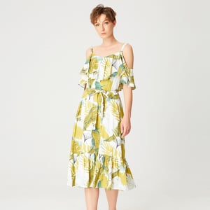 Trapezkleid mit tropischem Muster, Rüschen und dünnen Trägern