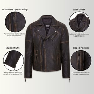 Schwarze Brando-Bikerjacke aus Leder im Vintage-Stil mit doppeltem Kreuzreißverschluss für Herren – Fagernes