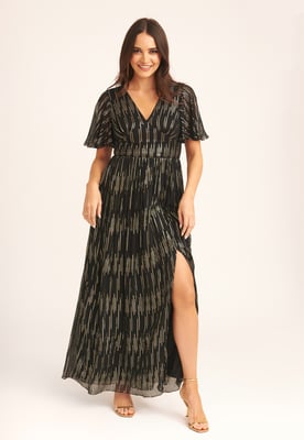Gestreiftes Folien-Maxikleid mit Engelsärmeln