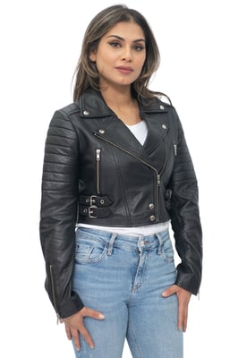 Kurz geschnittene Brando-Bikerjacke aus Leder für Damen – Damaskus