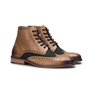 Klassische Herren-Gatsby-Brogue-Stiefeletten aus hellbraunem Oxford-Leder mit grünem Tweed