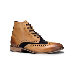 Klassische Herren-Stiefeletten im Gatsby-Brogue-Stil aus hellbraunem Oxford-Leder mit marineblauem Wildleder