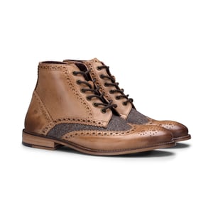 Klassische Herren-Stiefeletten im Brogue-Stil aus braunem Oxford-Leder im Gatsby-Stil mit Tweed
