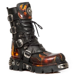 New Rock Flame Akzentuierte schwarz/rote Lederstiefel – 591-S1
