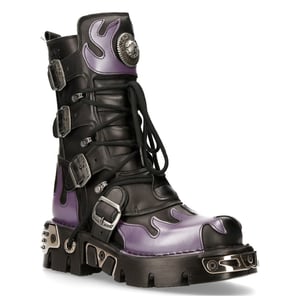 New Rock Flame Akzentuierte schwarz/rote Leder-Biker-Totenkopfstiefel – M-591-S5