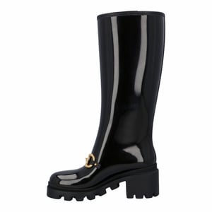 Gucci Damen kniehohe Gummistiefel mit Pferdemotiv aus schwarzem Leder